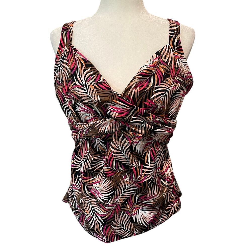 Lands’ End Palm Leaf Tankini Swim Top Sz 16DD Underwire Cross Front Pool Resort
